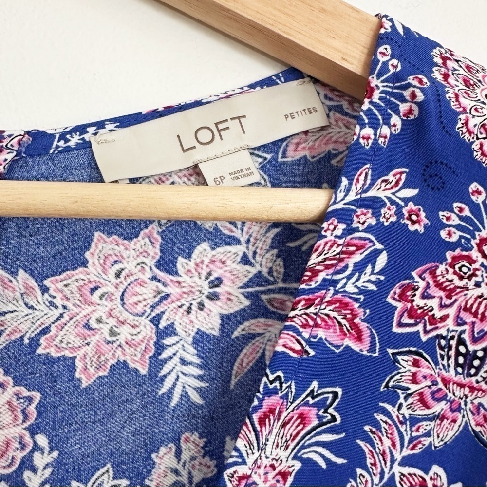 Loft Womens 6 Petite Blue Floral Puff Sleeve Swing Dress - Picture 5 of 9